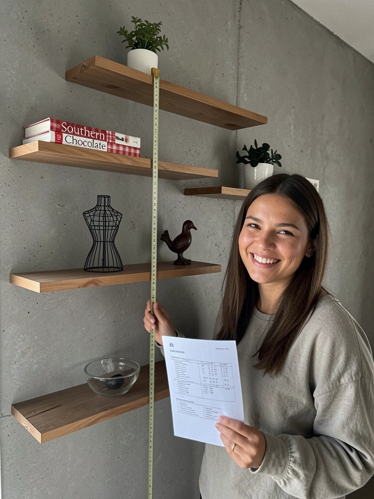 Pessoa usando trena para medir prateleira industrial enquanto consulta ficha técnica