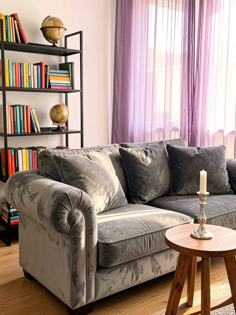 Sofá cinza aveludado com braços arredondados, estante preta de metal com livros coloridos e globo, mesa lateral de madeira, luz natural e cortinas roxas transparentes ao fundo.