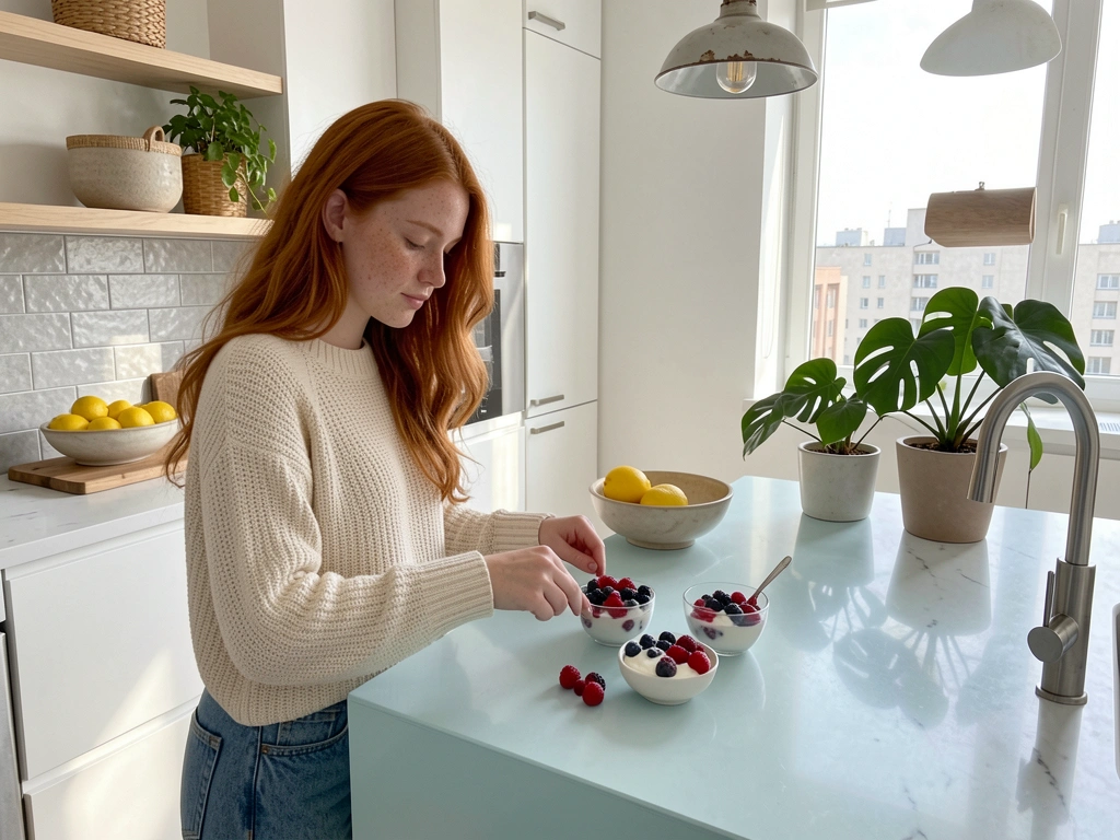 Mulher de cabelo ruivo e suéter creme prepara frutas vermelhas e iogurte em ilha azul-clara sob luz natural, com prateleiras de madeira e vaso de planta.