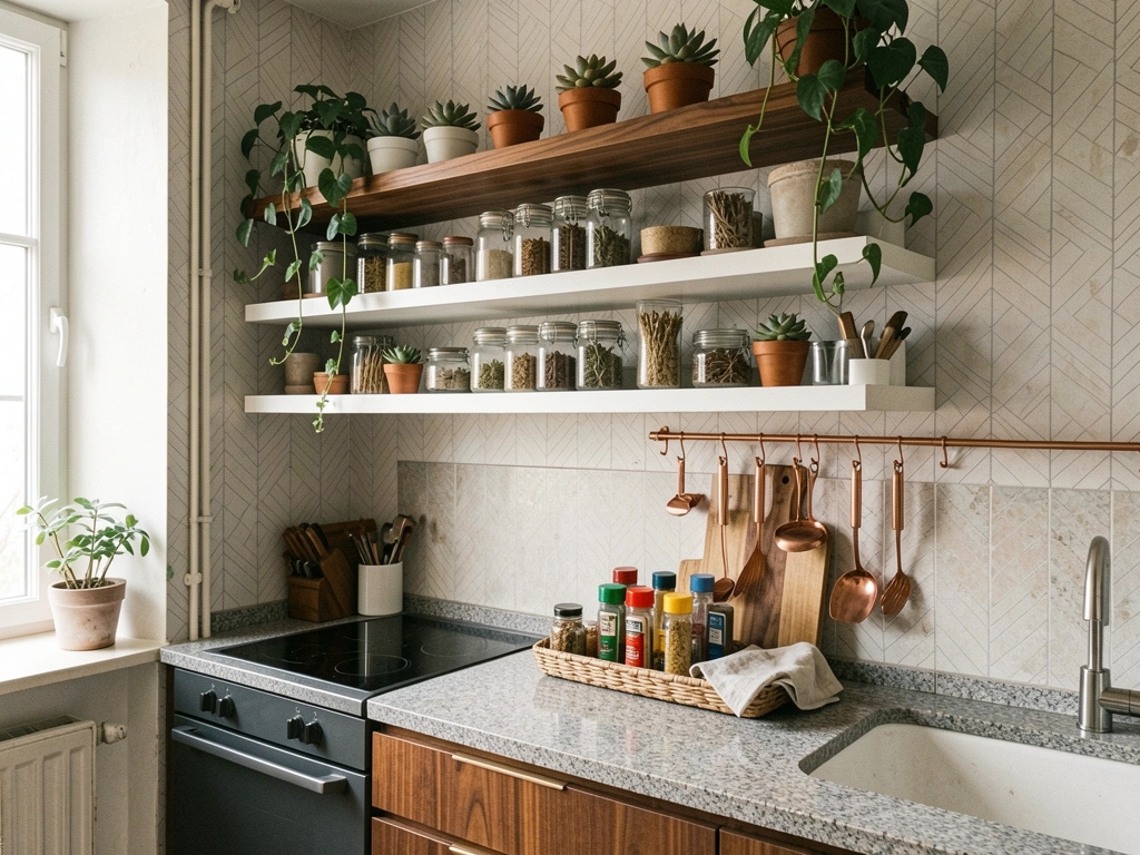 Prateleiras flutuantes de nogueira com vasos de suculentas e potes de vidro com especiarias, luz natural difusa e parede com padrão geométrico em cinza e bege.