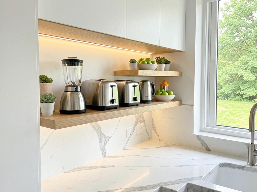Estante flutuante de madeira clara com liquidificador, torradeira, chaleira, suco de laranja, maçãs verdes e suculentas, bancada de mármore branco com veios cinza e luz natural de janela.