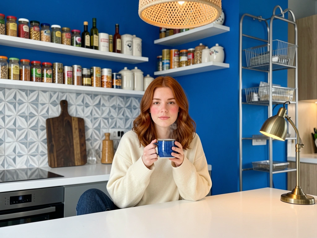 Mulher com caneca azul em cozinha com parede azul cobalto, prateleiras com potes e garrafas, luz natural difusa.