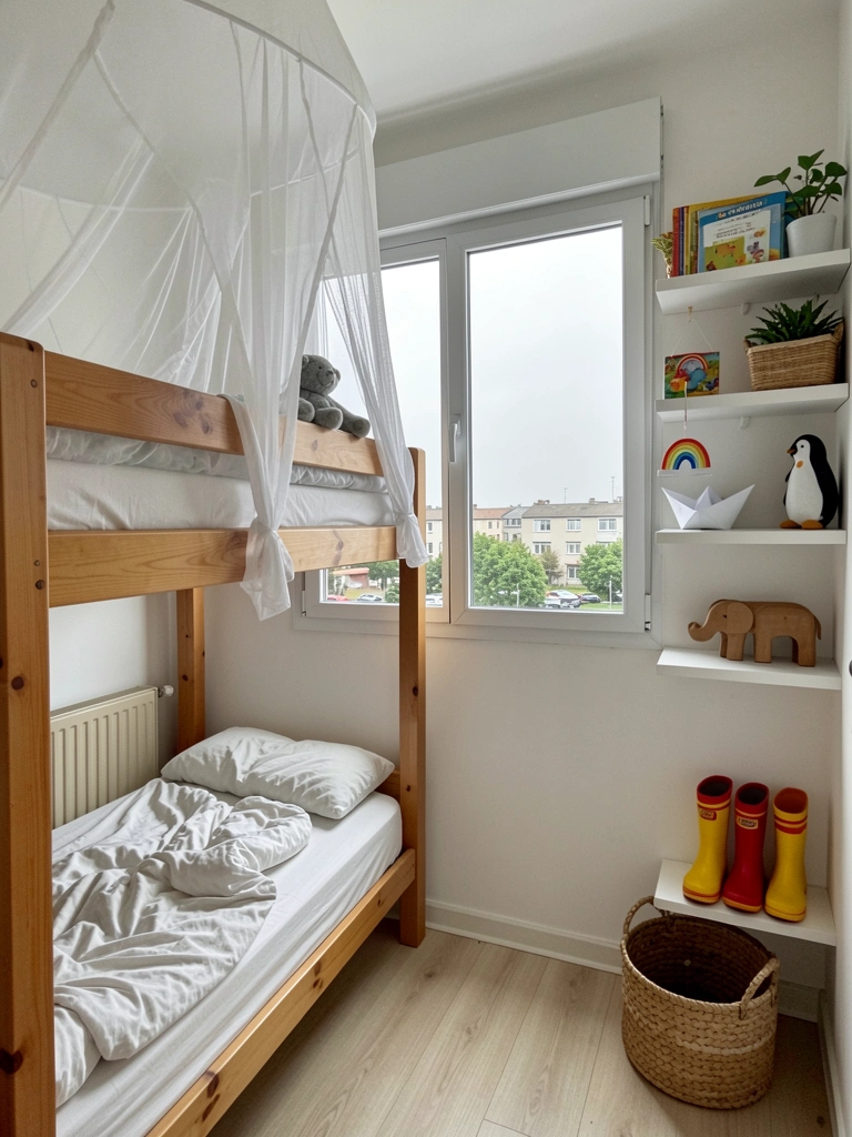 Prateleiras flutuantes brancas com livros e plantas em um quarto pequeno.