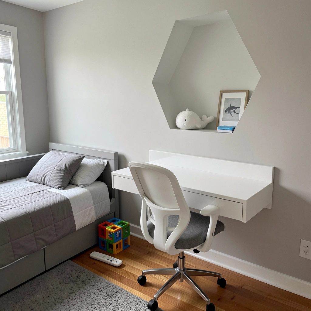 Nicho hexagonal em parede de quarto com objetos decorativos e iluminação indireta.