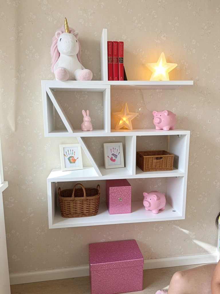 Prateleiras modulares em formato geométrico fixadas em parede clara, com objetos decorativos.