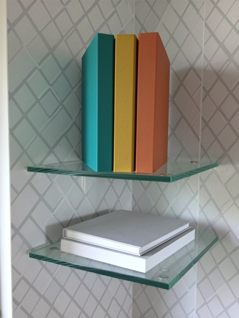 Prateleira de vidro transparente com livros alinhados sobre ela.