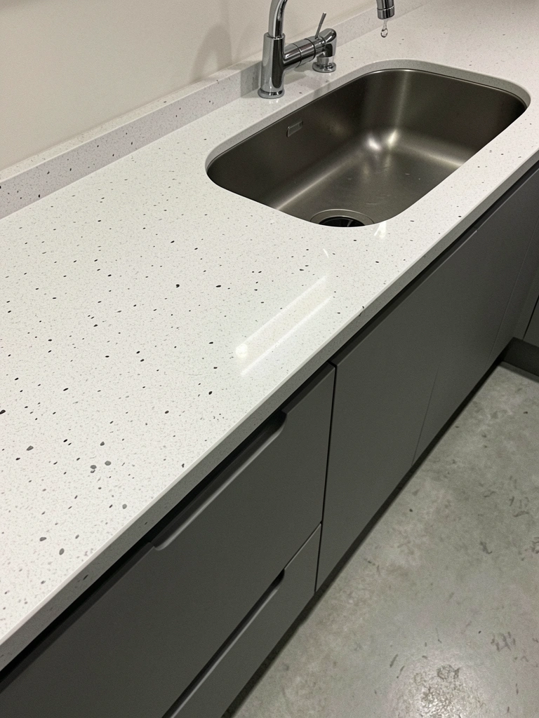 Bancada de granito polido em cozinha, com textura e brilho visíveis.