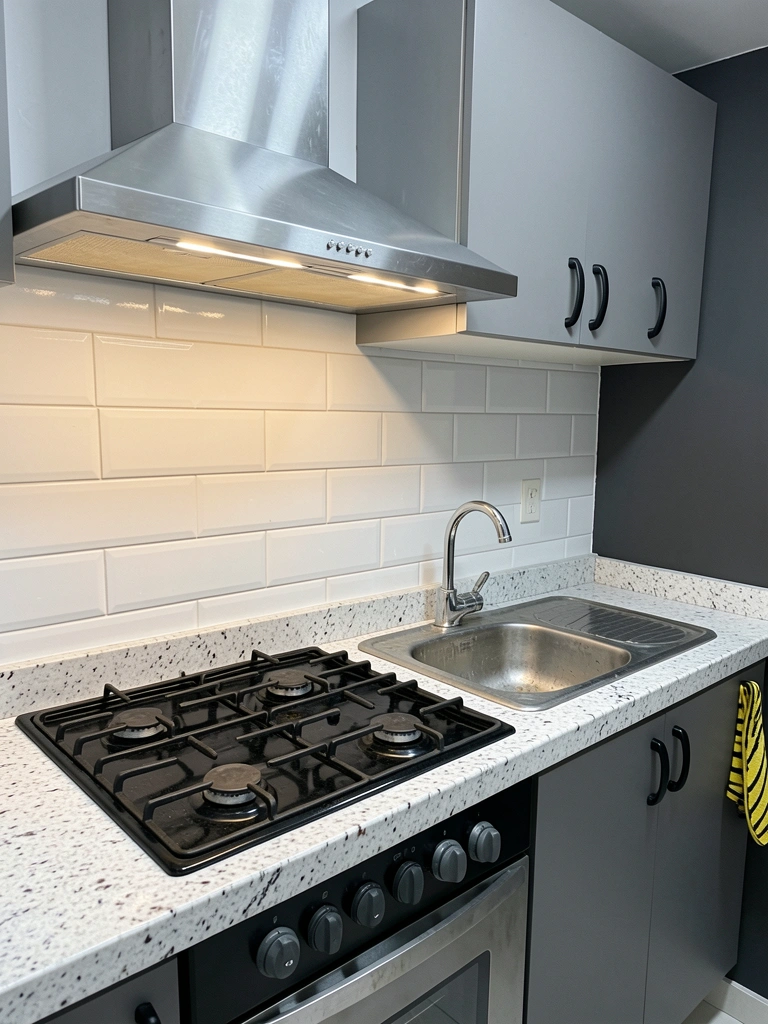 Bancada de granito Branco Cristal com textura clara e salpicada, sobre armário de cozinha.