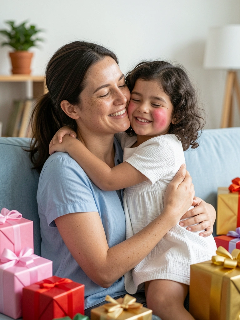 Mãe e filho se abraçam sorrindo, cercados por presentes embrulhados.
