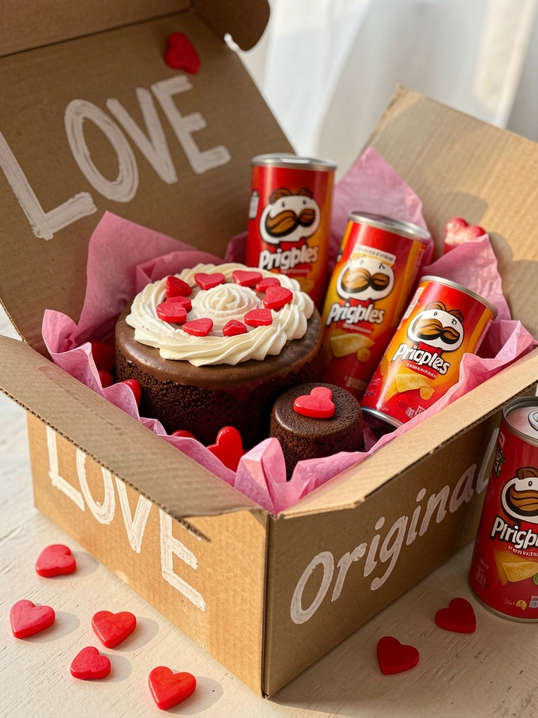 Papel de seda rosa, bombons vermelhos e um bolo Pringles com glacê vermelho dentro de caixa de papelão enfeitada com 