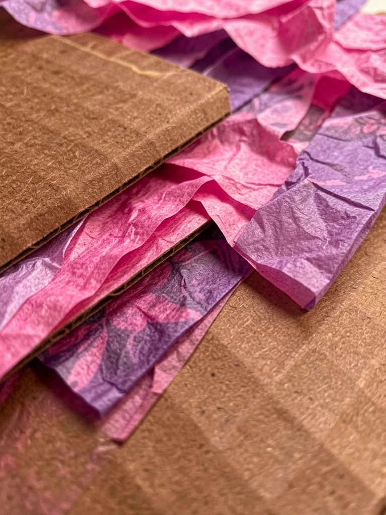 Close-up macro de papel de seda rosa e roxo sobre papelão marrom texturizado, com dobras e camadas destacadas por luz suave.