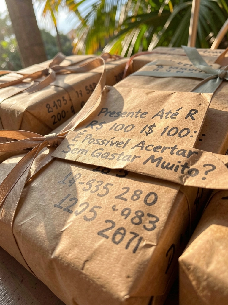 Pacotes de papel pardo amarrados com fitas e escritos à mão, luz natural filtrada por folhagens ao fundo.