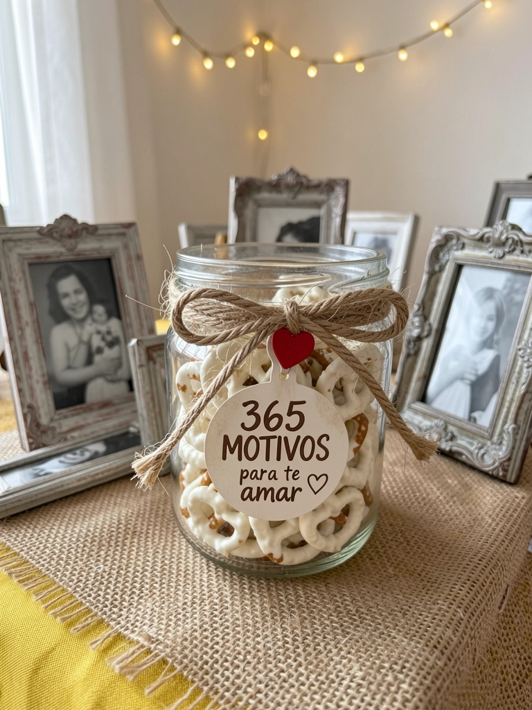 Pote de vidro rústico com pretzels cobertos de chocolate branco, amarrado com barbante de juta e pingente de coração vermelho, sobre toalha de mesa amarela e fundo de juta com luzes de fadas e porta-retratos vintage.