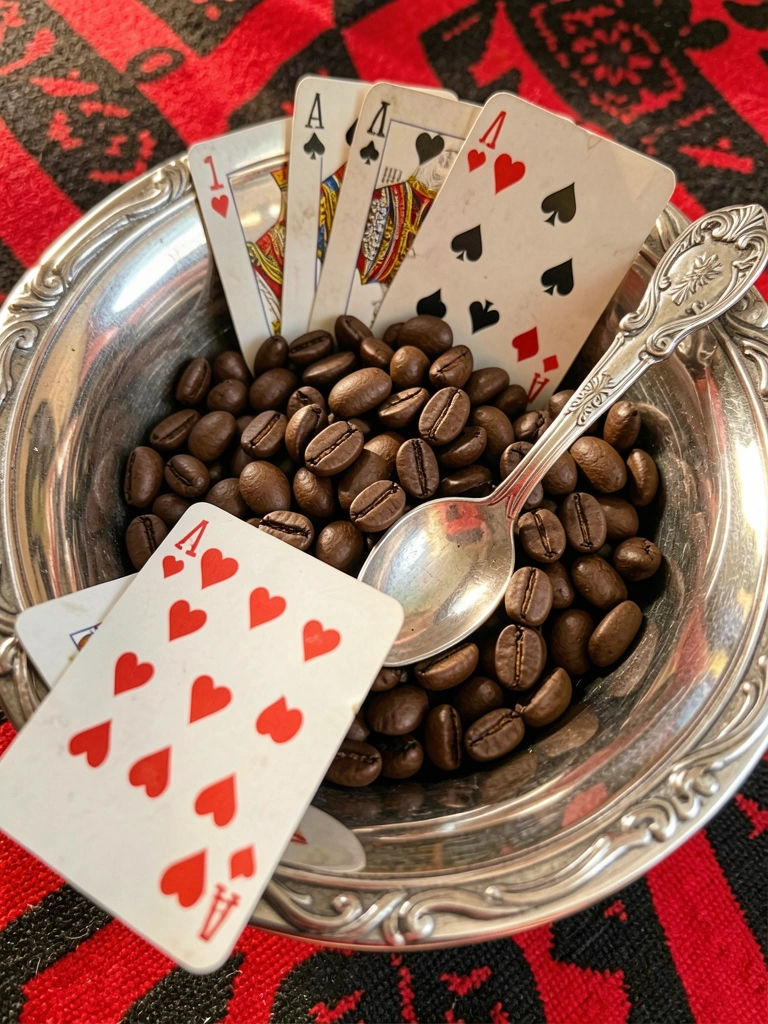 Tigela de prata com grãos de café, cartas de baralho espalhadas e colher ornamentada, sobre toalha de mesa vermelha e preta, luz natural.