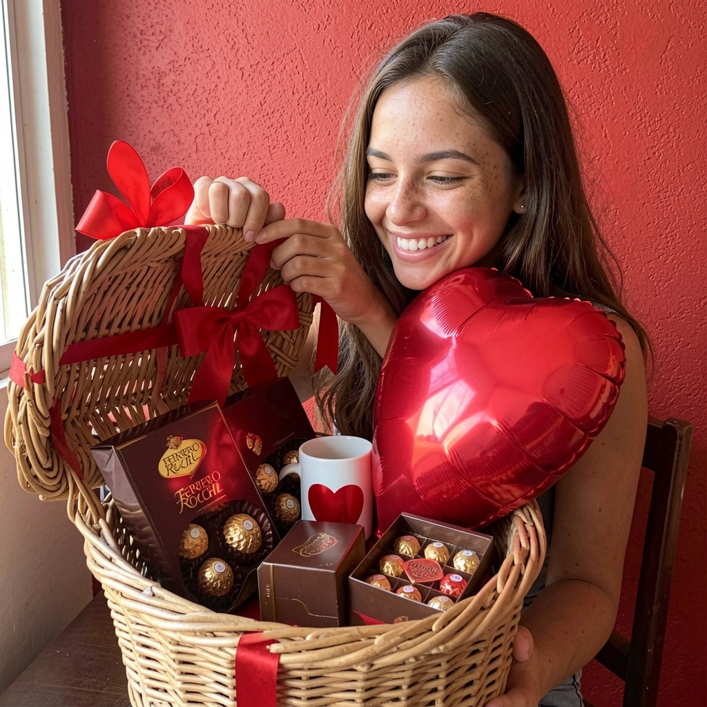 Mulher sorrindo ao abrir um presente com laço, luz suave ao fundo.
