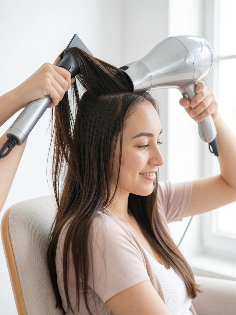 Secador prateado direcionado à raiz do cabelo castanho de mulher sentada em cadeira clara, com luz natural difusa e fundo desfocado.