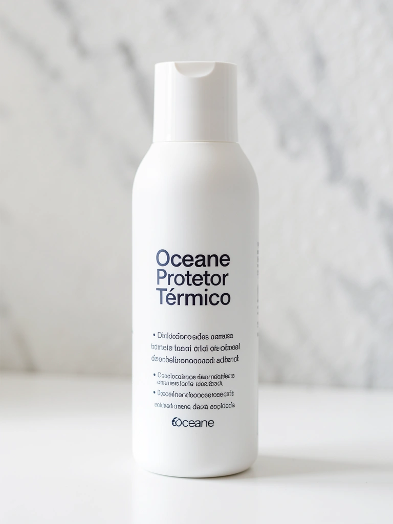 Frasco branco de protetor térmico Oceane sobre superfície clara, com luz suave destacando o rótulo e fundo texturizado desfocado.