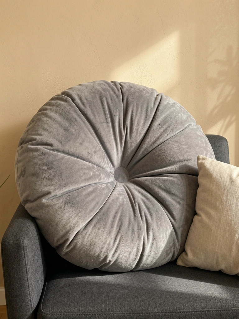 Almofada redonda de pelúcia cinza com marca de afundamento sobre poltrona estofada escura, ao lado de travesseiro bege, parede neutra e luz natural suave.
