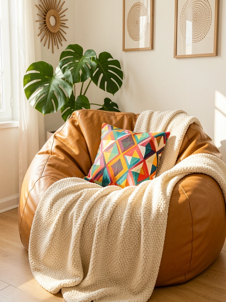 Pufe de couro marrom claro com manta texturizada creme e almofada geométrica vibrante, parede com móbile de madeira e quadro circular, luz natural.