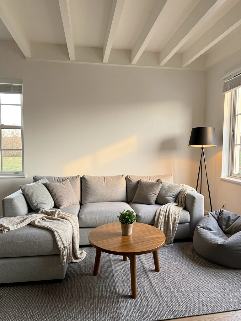 Sofá cinza claro com almofadas e manta, mesa de centro redonda de madeira com vaso de planta, poltrona beanbag cinza e luminária preta no canto, luz natural.