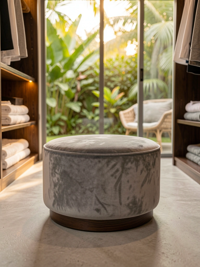 Pufe de veludo cinza com base de madeira escura em closet iluminado por luz dourada, pilha de toalhas brancas e armário escuro ao fundo, janela com jardim desfocado.