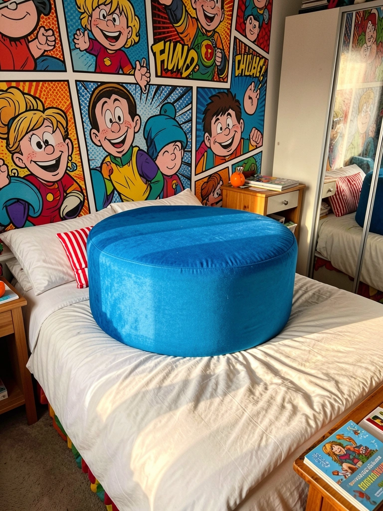 Pufe redondo azul grande sobre edredom branco em quarto infantil, com mural de história em quadrinhos na parede e guarda-roupa espelhado à direita.