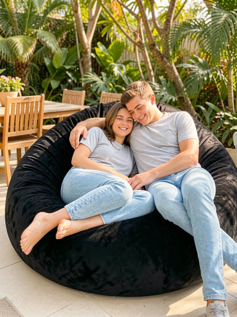 Casal jovem abraçado em pufe redondo de veludo preto, pátio externo com mesa de madeira e folhagens, luz natural filtrada.