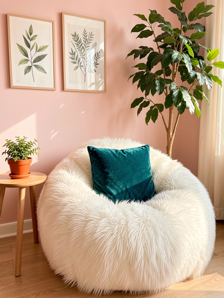 Pufi de pelo branco com almofada verde-azulado, mesa lateral de madeira com vaso, gravuras botânicas na parede rosa e ficus ao fundo.