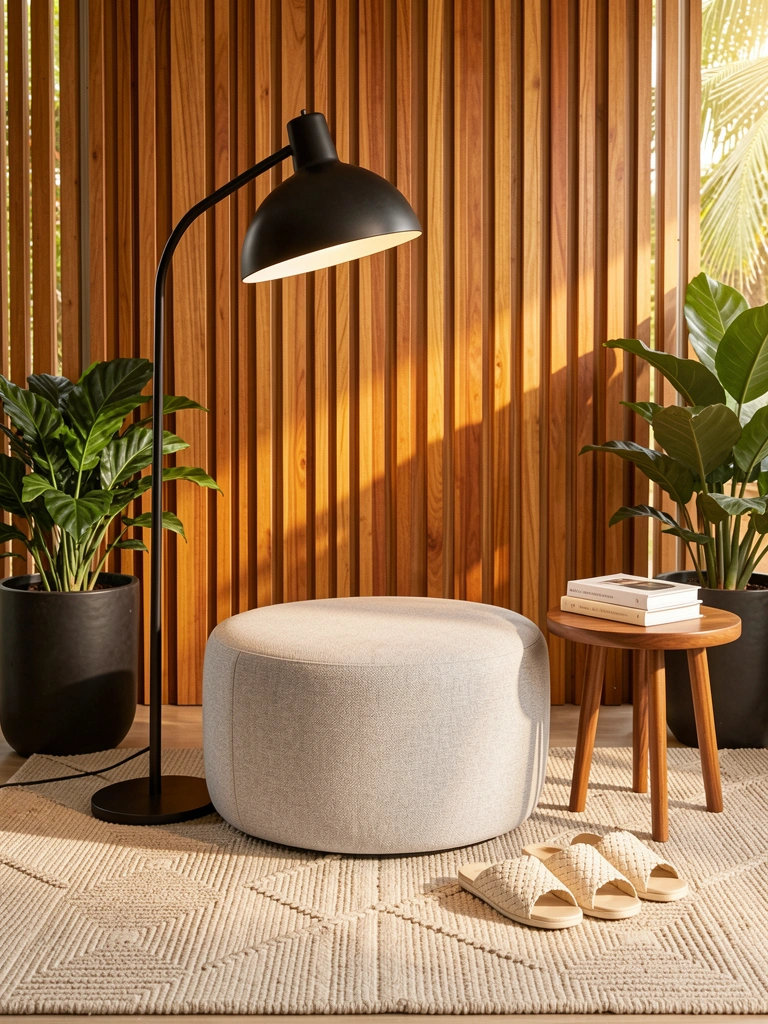 Pufe redondo cinza claro sobre tapete bege estampado, com luminária preta, vasos de plantas e chinelos de palha ao lado, sob luz natural filtrada por parede de ripas de madeira.