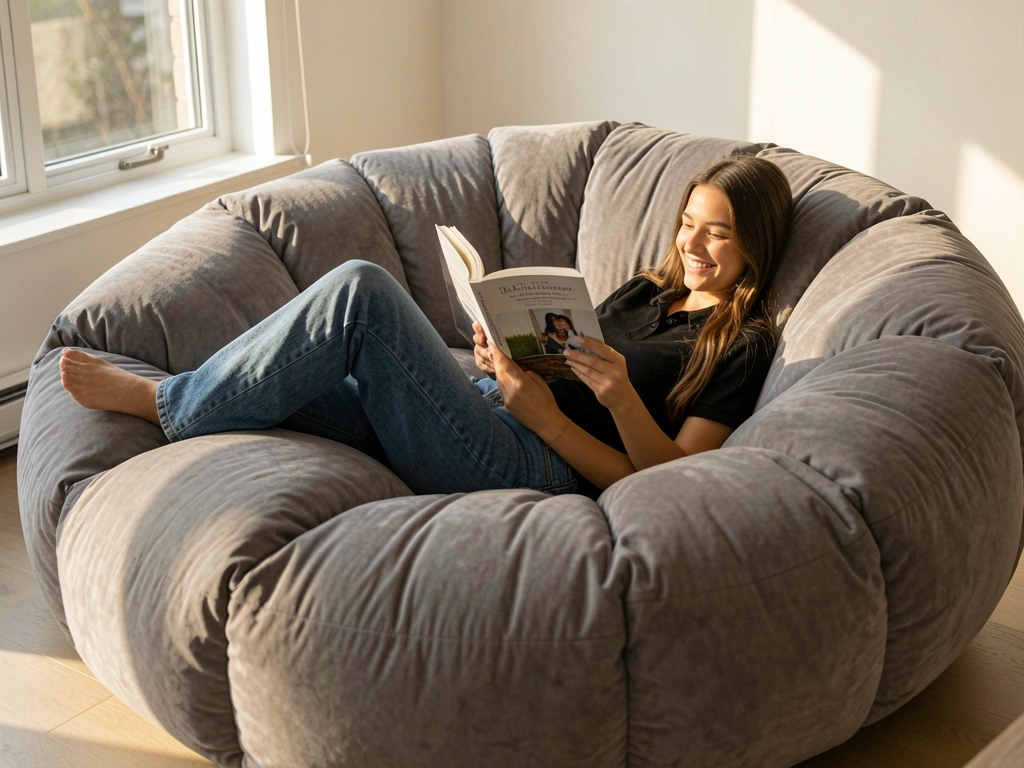 Mulher de cabelo longo e preto, camisa polo e jeans, deitada em sofá puff cinza redondo, lendo livro com sorriso, luz natural de janela.