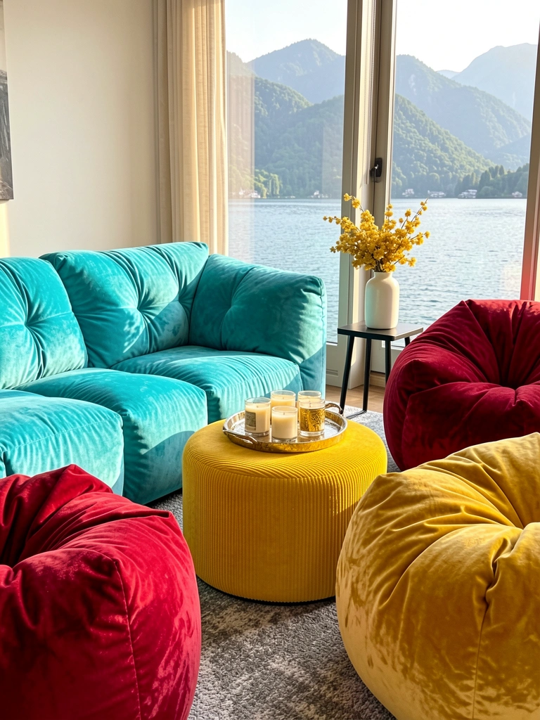 Puffs turquesa, vermelho e amarelo-ouro em veludo, com otomana de corduroy e vaso de flores, luz natural de janela com vista para lago e montanhas.