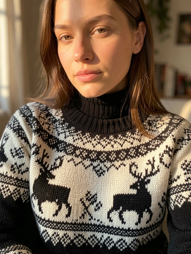 Close-up de mulher com suéter Fair Isle preto e branco de malha grossa, gola rulê canelada, rena bordada, pele suave, luz difusa quente, fundo desfocado.