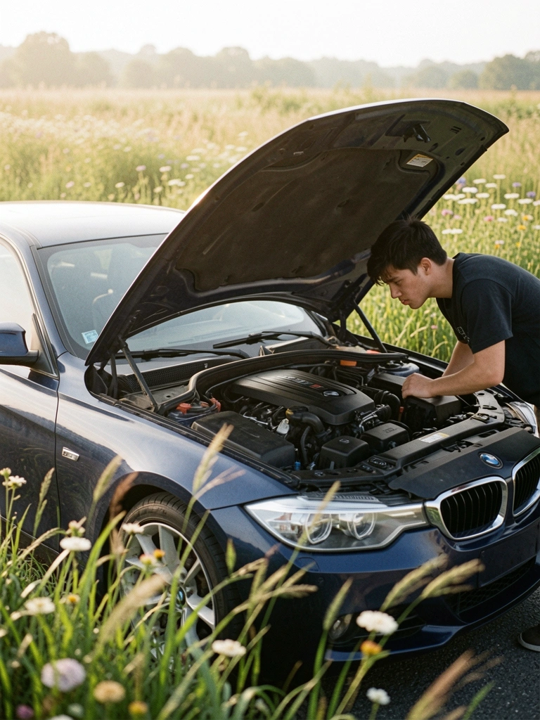 Jovem debruçado sobre o motor aberto de um BMW Série 3 azul escuro, estacionado em estrada rural com grama alta e campo de flores silvestres ao fundo, luz natural e leve névoa.