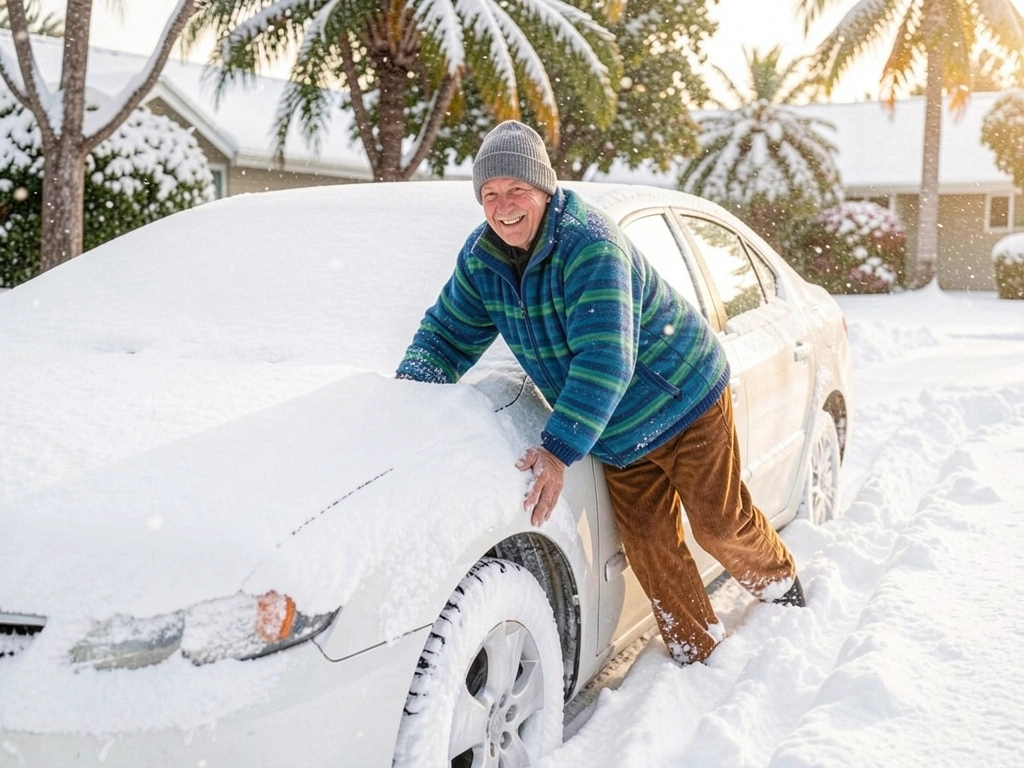 Homem idoso sorrindo com jaqueta listrada azul e verde, gorro cinza e calça marrom, empurrando carro branco enterrado na neve, flocos caindo.