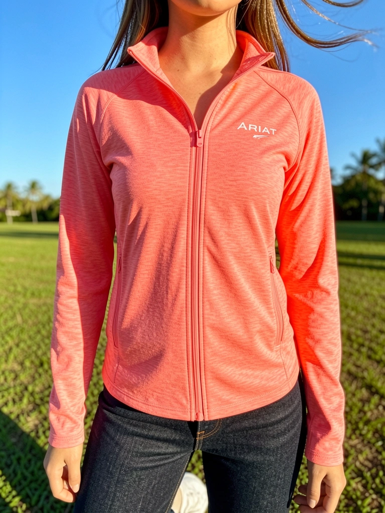 Jovem com blusão coral texturizado da Ariat, jeans escuro e tênis branco, em campo com céu azul e luz natural.