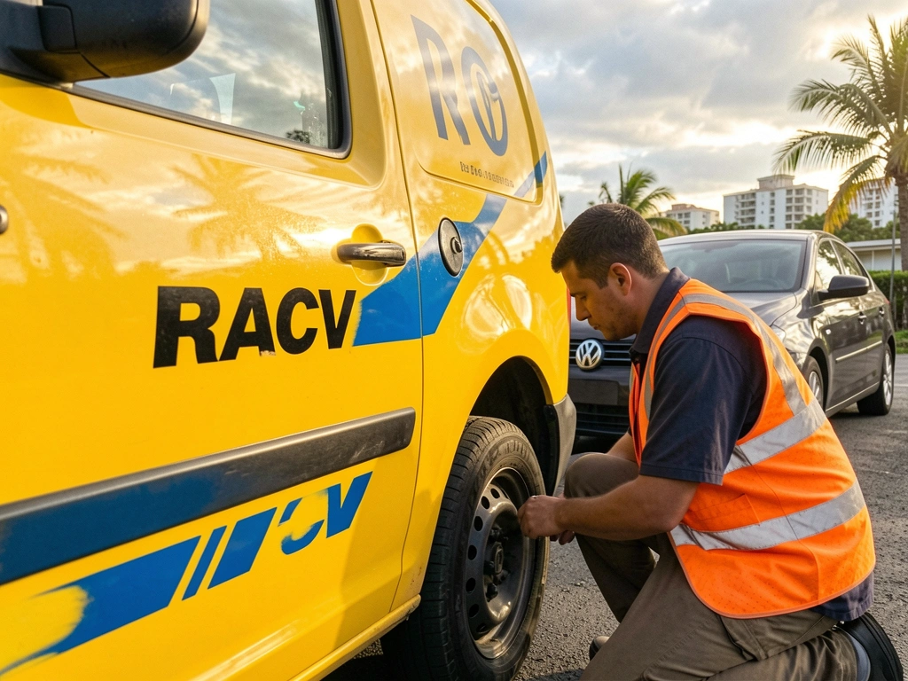 Close de van Volkswagen Caddy amarela com listras azuis e letras RACV, homem de colete laranja inspecionando pneu, sedã escuro atrás, luz natural tropical.