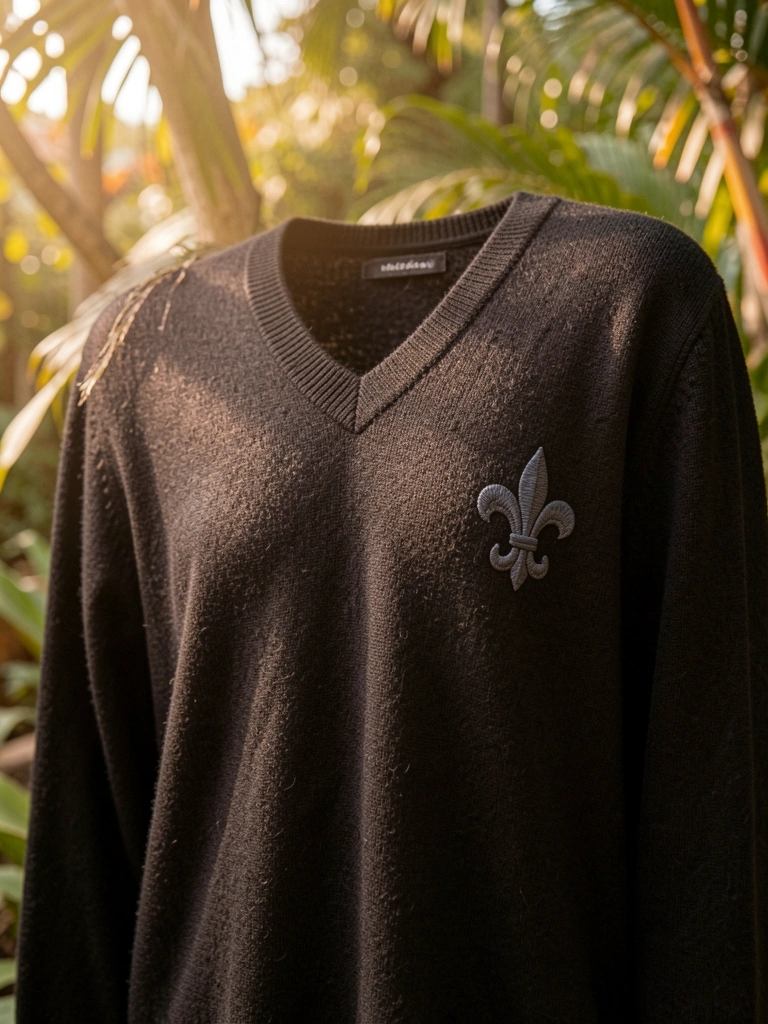 Suéter preto de cashmere com detalhe de flor-de-lis bordado em cinza no peito, textura de canelado fina, luz difusa e fundo verde desfocado.