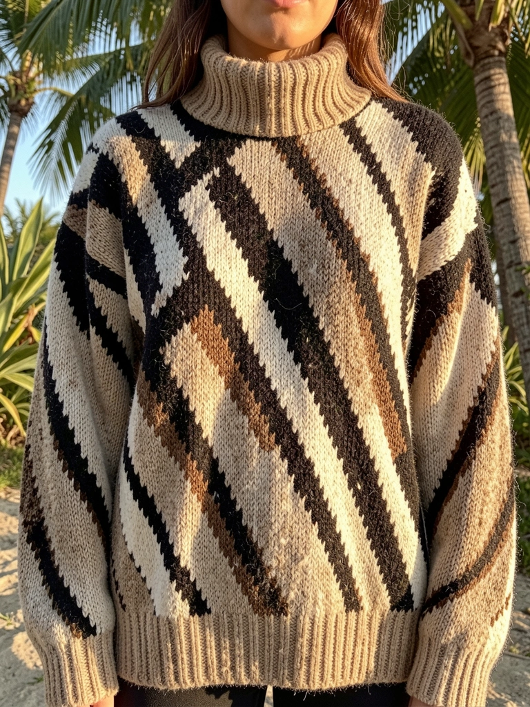 Suéter oversized de tricô bege com padrão geométrico preto e marrom em zigue-zague, gola rolê canelada, luz natural do dia.