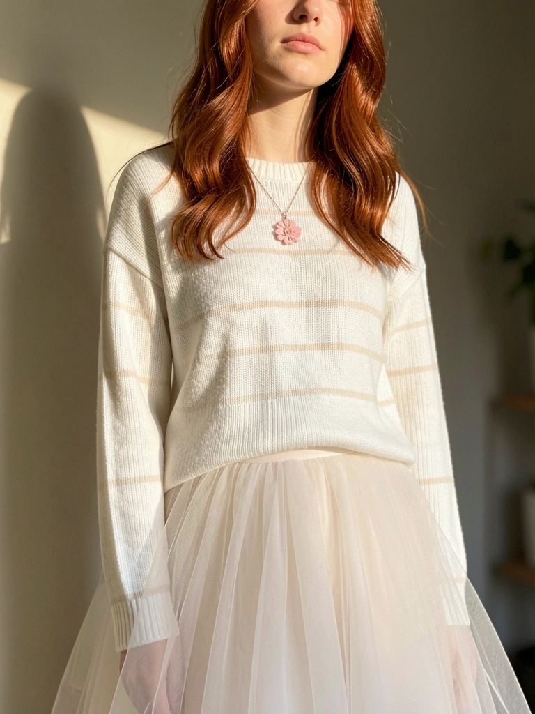 Jovem de cabelos ruivos ondulados usando suéter listrado branco e colar floral rosa, saia de tule fluida, luz natural com sombra suave na parede.