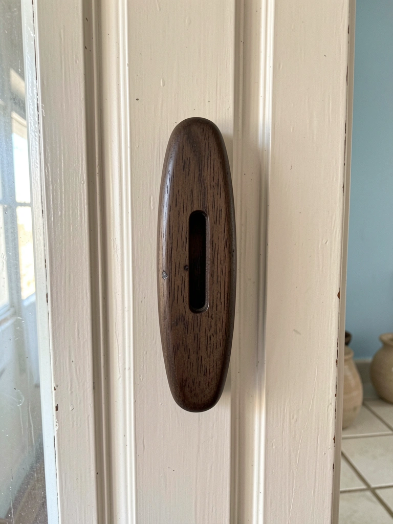 Puxador de madeira com detalhes entalhados em armário de estilo provençal pintado de branco.