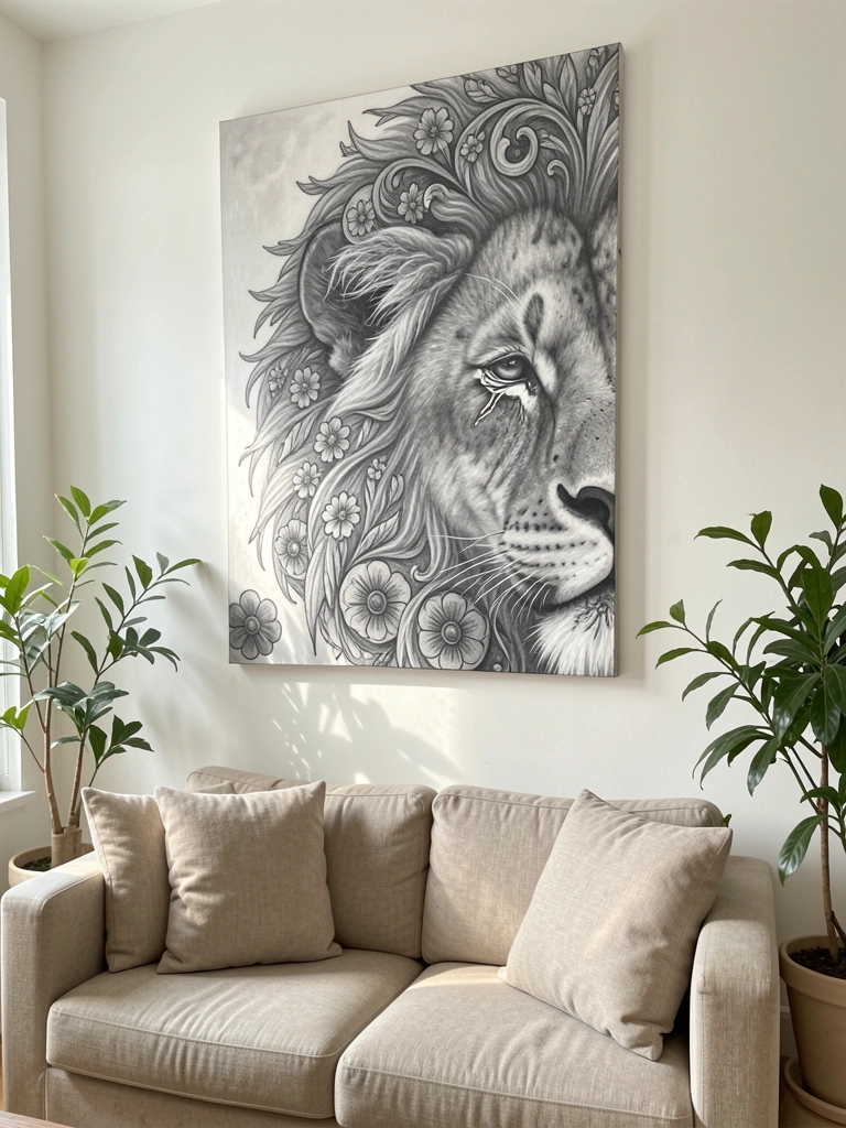 Sala de estar com sofá bege, quadro de leão realista na parede e vasos de plantas verdes.