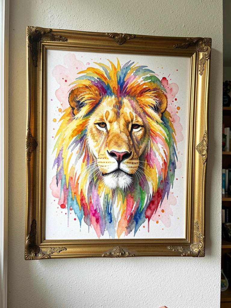 Close-up de quadro com leão dourado em moldura ornamentada, iluminação suave destacando os detalhes.