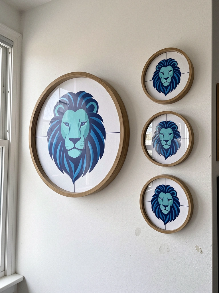 Parede com um quadro grande centralizado ao lado de três quadros pequenos alinhados verticalmente.