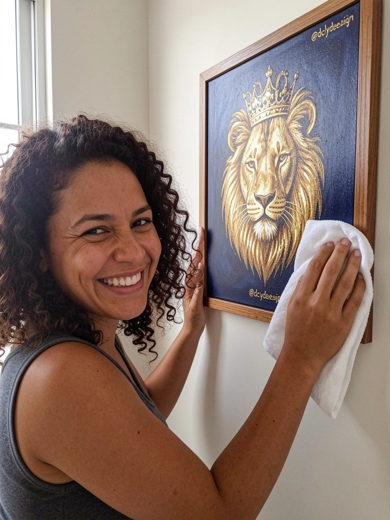 Mão segurando pano macio limpando quadro de leão em moldura dourada.