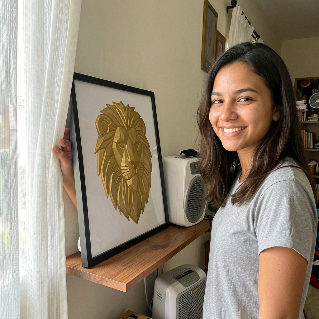 Quadro emoldurado em parede clara, protegido por cortina semiaberta contra luz solar direta.