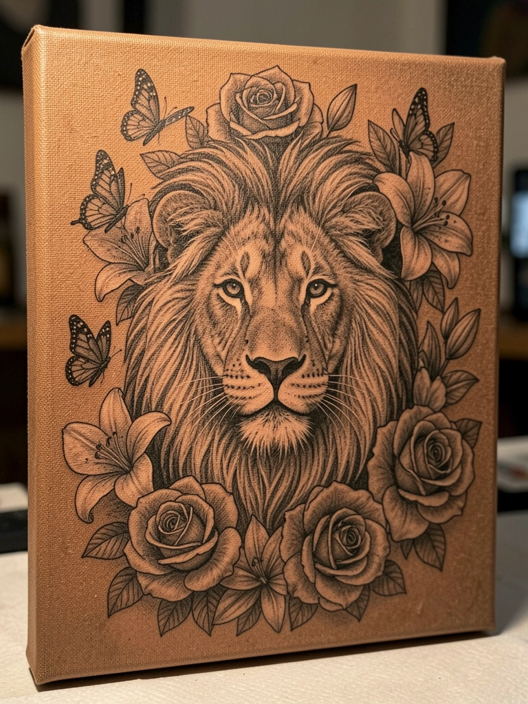 Close-up de impressão em canvas com textura visível e detalhes nítidos.