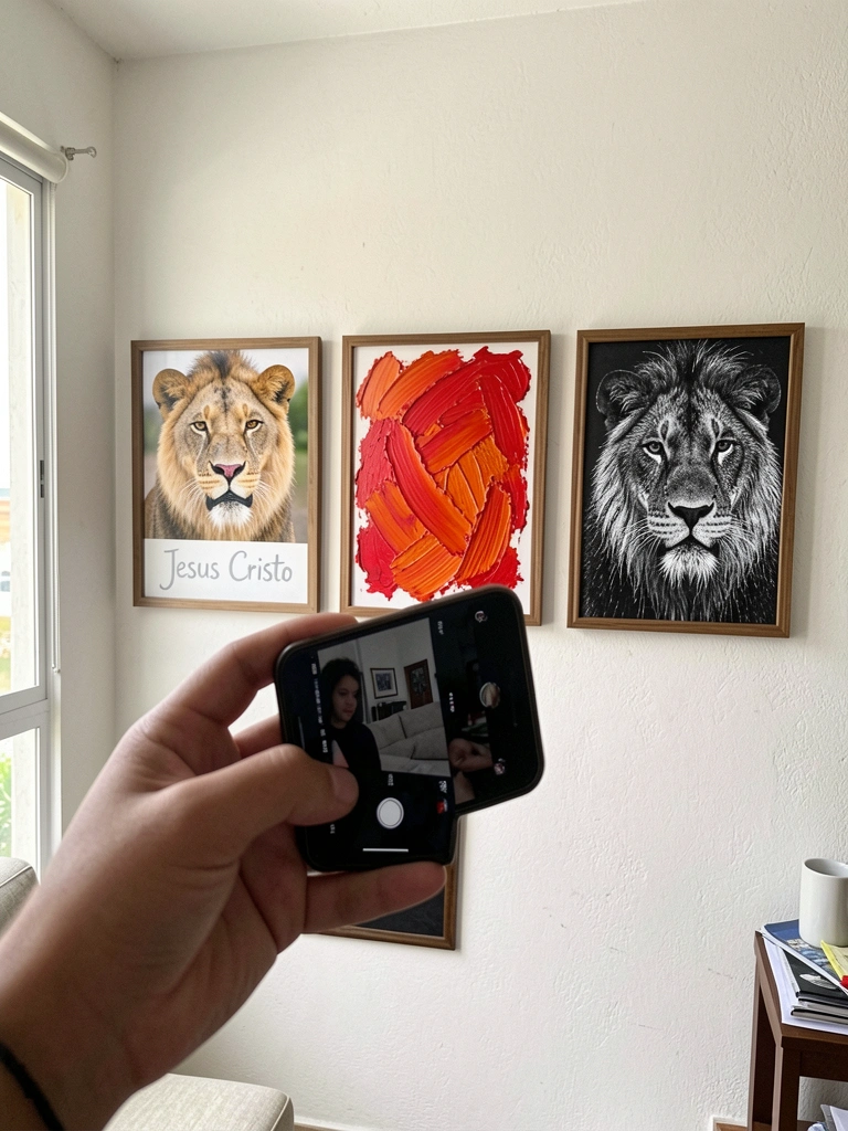 Três quadros na parede: um com leão realista, outro abstrato colorido e um terceiro em preto e branco.