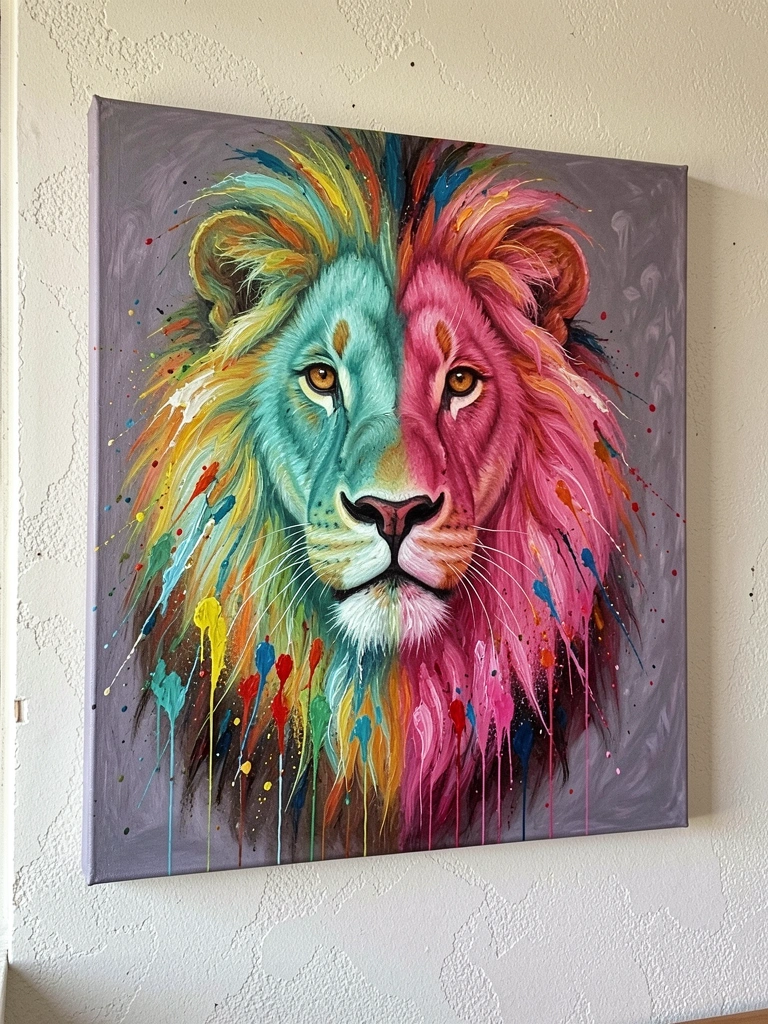 Quadro em canvas com pintura realista de leão sobre parede texturizada bege.