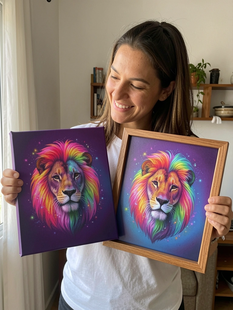 Quadro canvas sem moldura ao lado de quadro com moldura de madeira, ambos com estampa de leão.