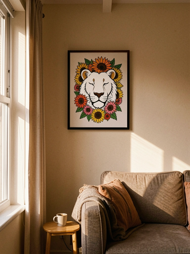 Sala de estar com parede decorada por quadro de leão em preto e branco, sofá claro e mesa de centro.